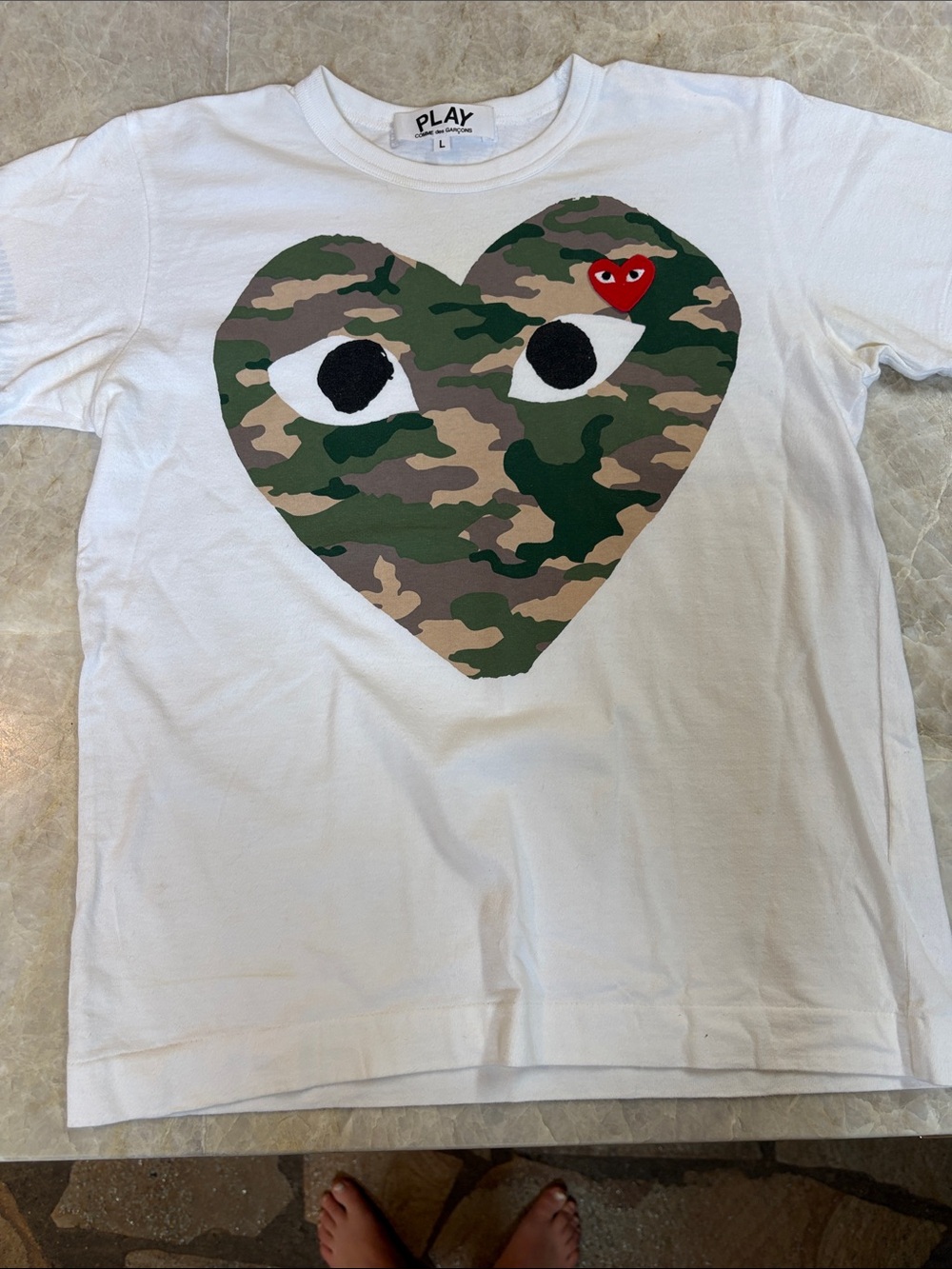 Comme des Garcons PLAY Kids White Tee with Camo Heart and Red Heart Logo